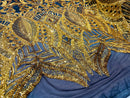 Iridescent Sequin Fabric - Gold on Black - 4 Way Stretch Royalty Lace Sequin By Yard