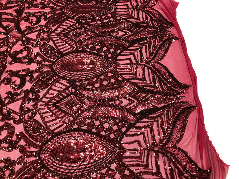 Burgundy Sequin Fabric, Royalty Design Embroidered With Sequin on a 4 Way Stretch Sequin Fabric Mesh-Prom-Gown By The Yard