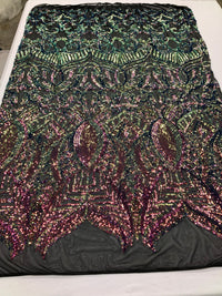 Iridescent Rainbow Sequin Fabric, Royalty Design Embroidered With Sequin on a 4 Way Stretch Sequin Fabric Mesh-Prom-Gown By The Yard