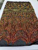 Iridescent Orange Sequin Fabric, Black  Royalty Design Embroidered With Sequin on a 4 Way Stretch Sequin Fabric Mesh-Prom-Gown By The Yard