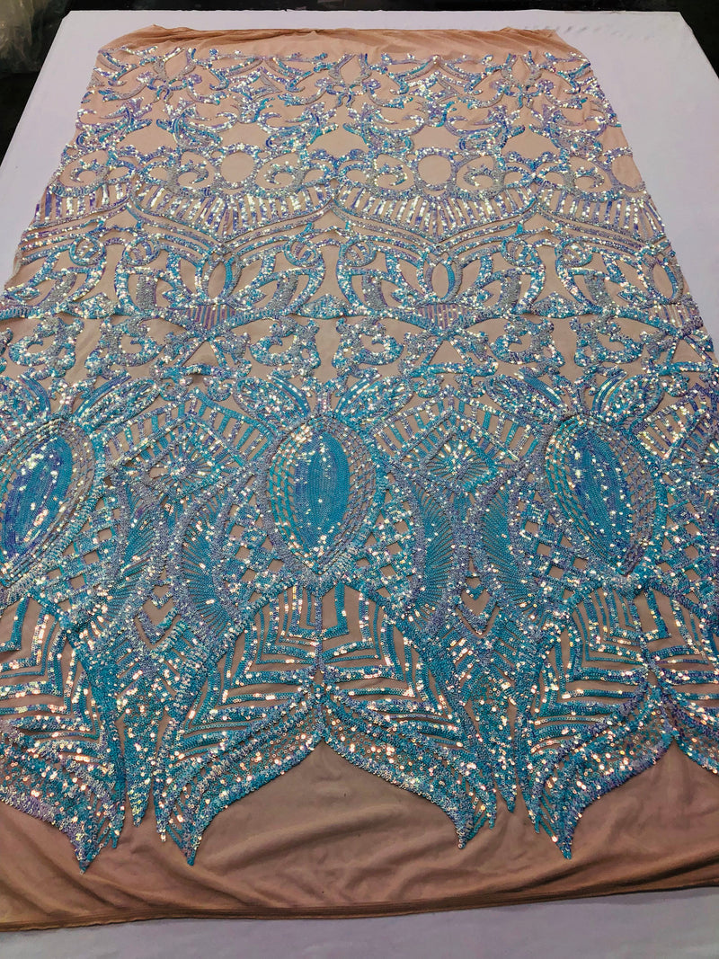 Iridescent Sequin Fabric - Iridescent Aqua - 4 Way Stretch Royalty Lace Sequin By Yard