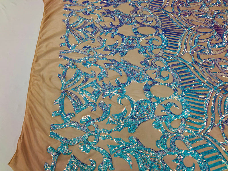 Iridescent Sequin Fabric - Iridescent Aqua - 4 Way Stretch Royalty Lace Sequin By Yard