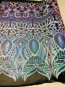 Iridescent Aqua/Blue Sequin Fabric, Royalty Design Embroidered With Sequin on a 4 Way Stretch Sequin Fabric Mesh-Prom-Gown By The Yard