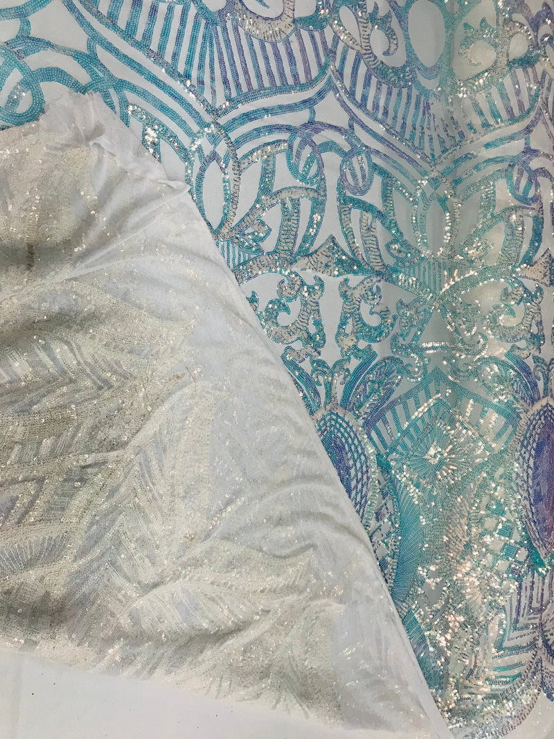 Iridescent Sequin Fabric - Iridescent Clear - 4 Way Stretch Royalty Lace Sequin By Yard