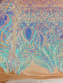 Iridescent Sequin Fabric - Iridescent Aqua Blue - 4 Way Stretch Royalty Lace Sequin By Yard