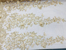Champagne 3D Floral Design Embroider and Beaded With Pearls On a Mesh Lace-Prom-Dresses-Nightgown-Apparel-Fashion By The Yard