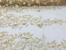 Champagne 3D Floral Design Embroider and Beaded With Pearls On a Mesh Lace-Prom-Dresses-Nightgown-Apparel-Fashion By The Yard