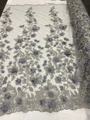 Silver Two Tone 3D Floral Design Embroider and Beaded With Pearls On a Mesh Lace-Prom-Dresses-Nightgown-Apparel-Fashion By The Yard