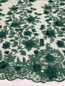 Hunter Green Two Tone 3D Floral Design Embroider and Beaded With Pearls On a Mesh Lace-Prom-Dresses-Nightgown-Apparel-Fashion By The Yard