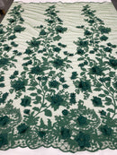 Hunter Green Two Tone 3D Floral Design Embroider and Beaded With Pearls On a Mesh Lace-Prom-Dresses-Nightgown-Apparel-Fashion By The Yard