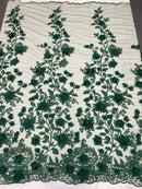 Hunter Green Two Tone 3D Floral Design Embroider and Beaded With Pearls On a Mesh Lace-Prom-Dresses-Nightgown-Apparel-Fashion By The Yard