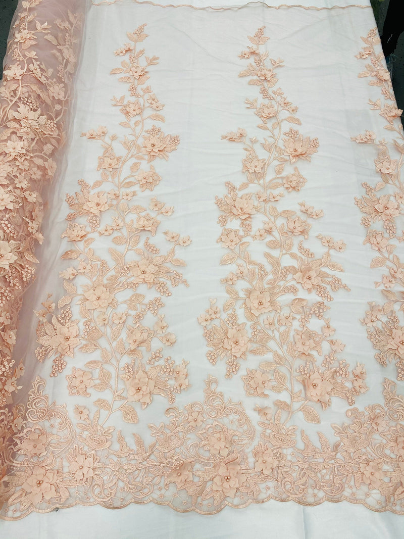 Blush 3D Floral Design Embroider and Beaded With Pearls On a Mesh Lace-Prom-Dresses-Nightgown-Apparel-Fashion By The Yard