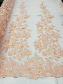 Blush 3D Floral Design Embroider and Beaded With Pearls On a Mesh Lace-Prom-Dresses-Nightgown-Apparel-Fashion By The Yard
