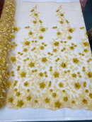 Gold Two Tone 3D Floral Design Embroider and Beaded With Pearls On a Mesh Lace-Prom-Dresses-Nightgown-Apparel-Fashion By The Yard