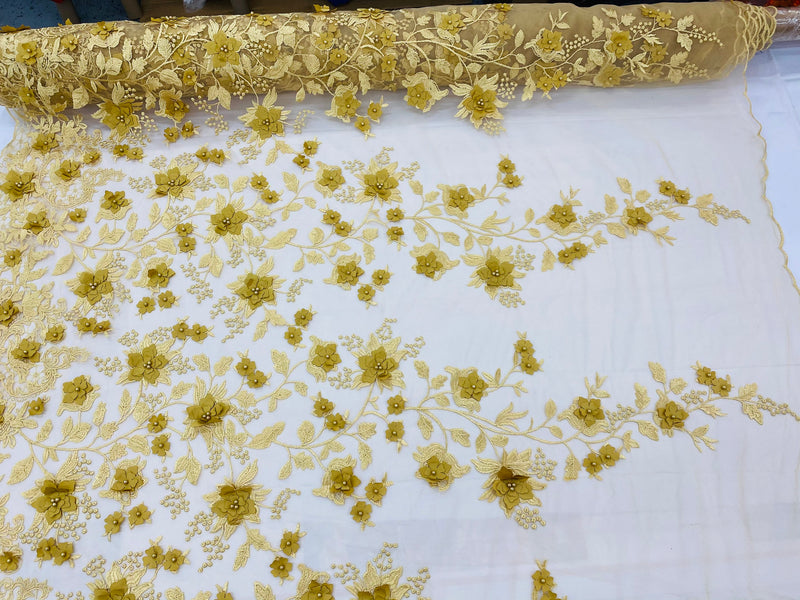 Gold Two Tone 3D Floral Design Embroider and Beaded With Pearls On a Mesh Lace-Prom-Dresses-Nightgown-Apparel-Fashion By The Yard