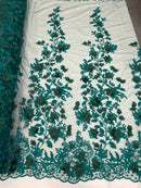 Teal Green Two Tone 3D Floral Design Embroider and Beaded With Pearls On a Mesh Lace-Prom-Dresses-Nightgown-Apparel-Fashion By The Yard