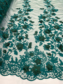 Teal Green Two Tone 3D Floral Design Embroider and Beaded With Pearls On a Mesh Lace-Prom-Dresses-Nightgown-Apparel-Fashion By The Yard