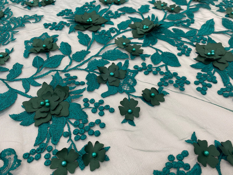 Teal Green Two Tone 3D Floral Design Embroider and Beaded With Pearls On a Mesh Lace-Prom-Dresses-Nightgown-Apparel-Fashion By The Yard