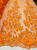Orange 3D Floral Design Embroider and Beaded With Pearls On a Mesh Lace-Prom-Dresses-Nightgown-Apparel-Fashion By The Yard