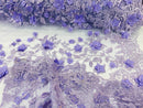 Lt Lilac Tow Tone 3D Floral Design Embroider and Beaded With Pearls On a Mesh Lace-Prom-Dresses-Nightgown-Apparel-Fashion By The Yard