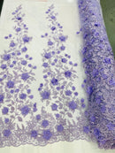 Lt Lilac Tow Tone 3D Floral Design Embroider and Beaded With Pearls On a Mesh Lace-Prom-Dresses-Nightgown-Apparel-Fashion By The Yard