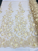 Lt Champagne Tow Tone 3D Floral Design Embroider and Beaded With Pearls On a Mesh Lace-Prom-Dresses-Nightgown-Apparel-Fashion By The Yard