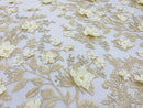 Lt Champagne Tow Tone 3D Floral Design Embroider and Beaded With Pearls On a Mesh Lace-Prom-Dresses-Nightgown-Apparel-Fashion By The Yard