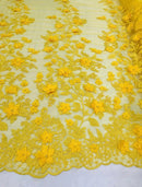 Yellow 3D Floral Design Embroider and Beaded With Pearls On a Mesh Lace-Prom-Dresses-Nightgown-Apparel-Fashion By The Yard