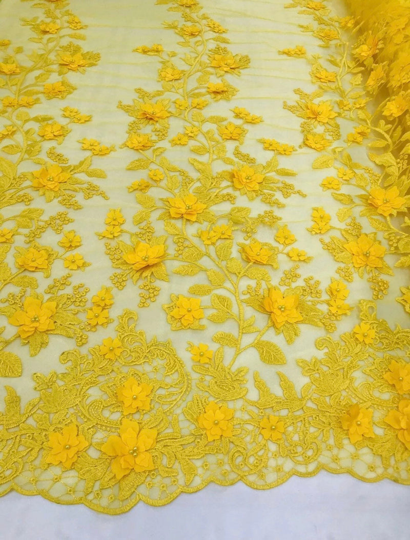 Yellow 3D Floral Design Embroider and Beaded With Pearls On a Mesh Lace-Prom-Dresses-Nightgown-Apparel-Fashion By The Yard
