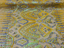 Iridescent Yellow Sequin Fabrics, Aztec Design 4Way Stretch Embroidery With Sequin on a Mesh-Prom-Gown By The Yard