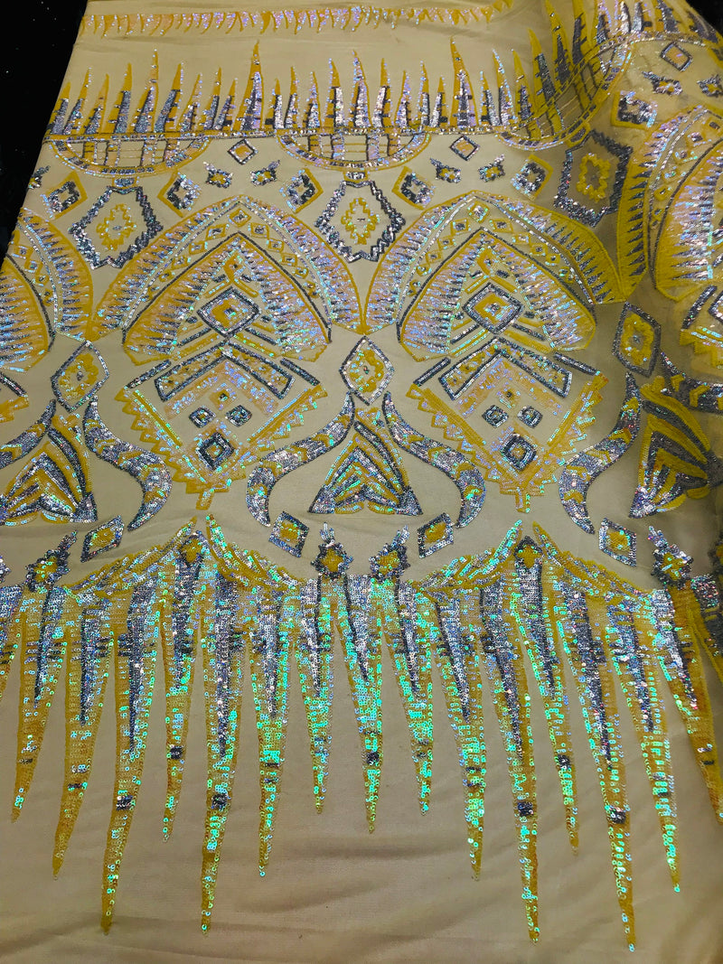 Iridescent Yellow Sequin Fabrics, Aztec Design 4Way Stretch Embroidery With Sequin on a Mesh-Prom-Gown By The Yard