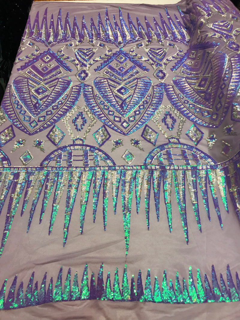 Iridescent Lilac Sequin Fabrics, Aztec Design 4Way Stretch Embroidery With Sequin on a Mesh-Prom-Gown By The Yard