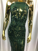 Fancy Damask Line Sequin - Hunter Green - 4 Way Stretch Sequins Damask Design Fabric Yard
