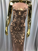 Fancy Damask Line Sequin - Dusty Rose - 4 Way Stretch Sequins Damask Design Fabric Yard