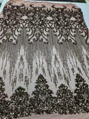 Fancy Damask Line Sequin - Dusty Rose - 4 Way Stretch Sequins Damask Design Fabric Yard