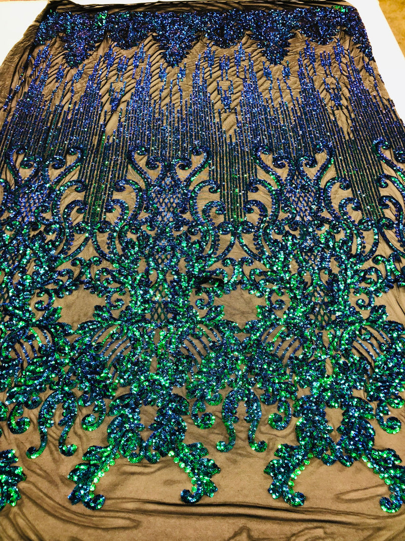 Fancy Damask Line Sequin - Iridescent Green - 4 Way Stretch Sequins Damask Design Fabric Yard