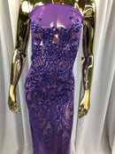 Fancy Damask Line Sequin - Lilac - 4 Way Stretch Sequins Damask Design Fabric Yard