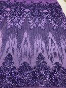 Fancy Damask Line Sequin - Lilac - 4 Way Stretch Sequins Damask Design Fabric Yard