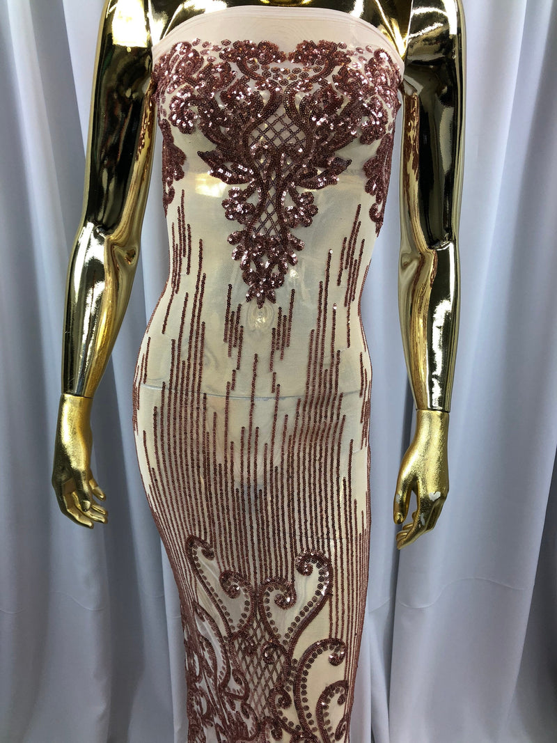 Fancy Damask Line Sequin - Rose Gold - 4 Way Stretch Sequins Damask Design Fabric Yard