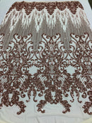 Fancy Damask Line Sequin - Rose Gold - 4 Way Stretch Sequins Damask Design Fabric Yard