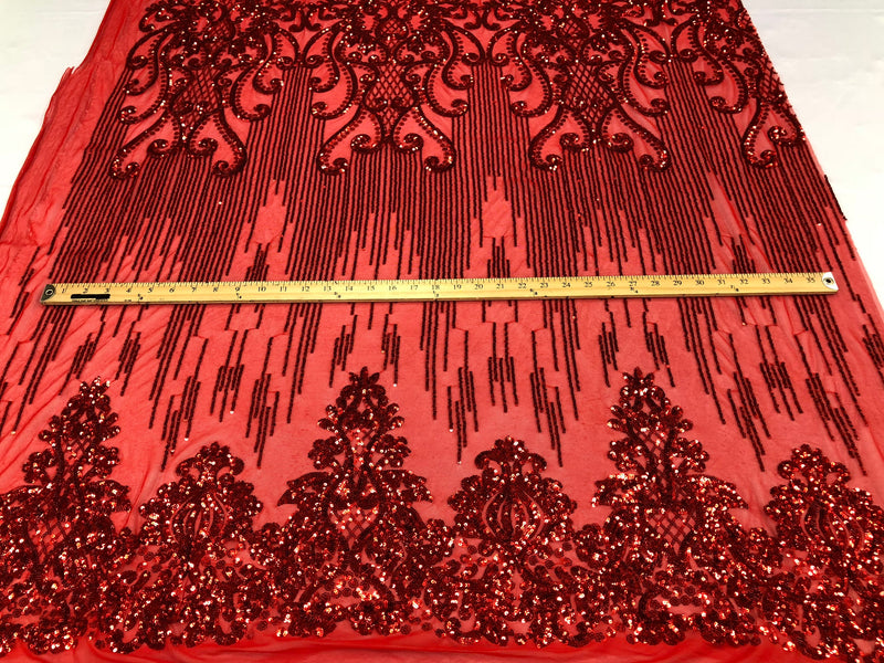 Fancy Damask Line Sequin - Red - 4 Way Stretch Sequins Damask Design Fabric Yard