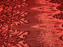 Fancy Damask Line Sequin - Red - 4 Way Stretch Sequins Damask Design Fabric Yard