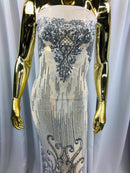 Fancy Damask Line Sequin - Silver on White - 4 Way Stretch Sequins Damask Design Fabric Yard