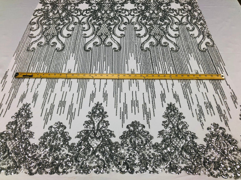 Fancy Damask Line Sequin - Silver on White - 4 Way Stretch Sequins Damask Design Fabric Yard