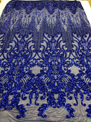Fancy Damask Line Sequin - Royal Blue - 4 Way Stretch Sequins Damask Design Fabric Yard