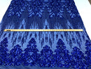 Fancy Damask Line Sequin - Royal Blue - 4 Way Stretch Sequins Damask Design Fabric Yard