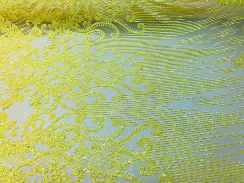 Fancy Damask Line Sequin - Yellow - 4 Way Stretch Sequins Damask Design Fabric Yard