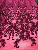 Fancy Damask Line Sequin - Fucshia - 4 Way Stretch Sequins Damask Design Fabric Yard