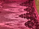 Fancy Damask Line Sequin - Fucshia - 4 Way Stretch Sequins Damask Design Fabric Yard