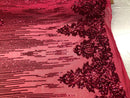 Fancy Damask Line Sequin - Fucshia - 4 Way Stretch Sequins Damask Design Fabric Yard
